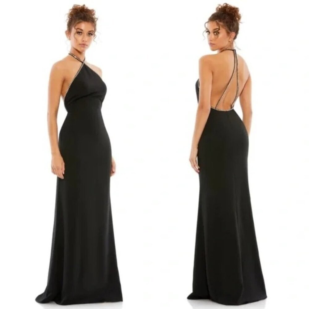 NWT Mac Duggal 26580 Rhinestone Halter Column Gown Black Maxi Dress Size 10
